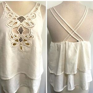 ZARA Ivory Sleeveless Layered Hem Top with Crisscross Back - Size XS - N…